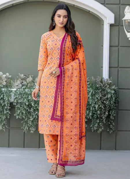 Orange Colour Cotton Blend With Print Kurti With Pant Dupatta Wholesale Clothing Suppliers In India Aaradhna 2029